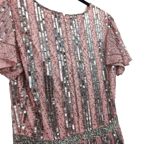 Mac Duggal Women 6 Striped Sequin V Neck Gown Rose Pink Beading 70108 NEW FLAW